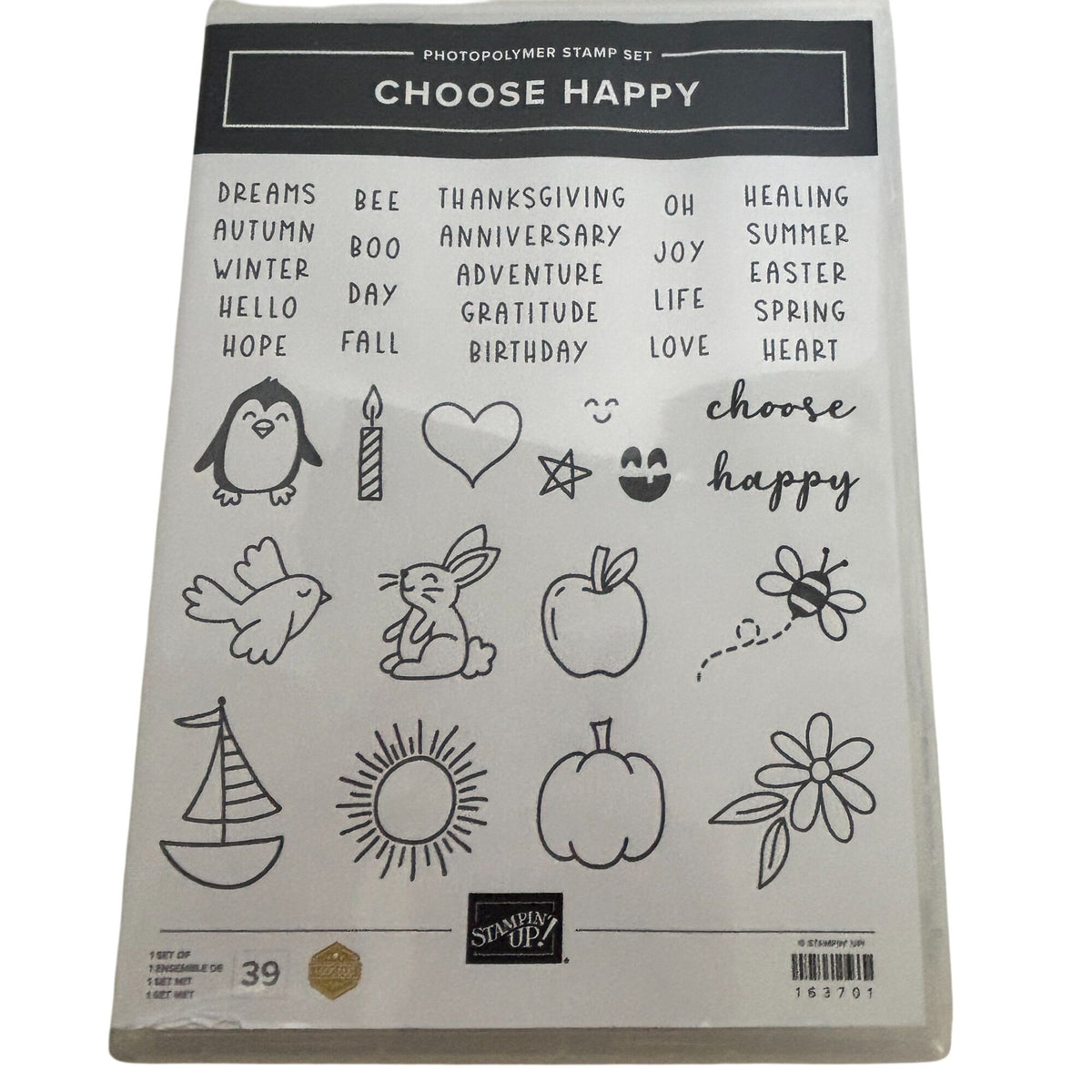 Stampin Up Choose Happy Photopolymer Stamp Set Birthday Holidays Seasons Animals Sentiments Card Making