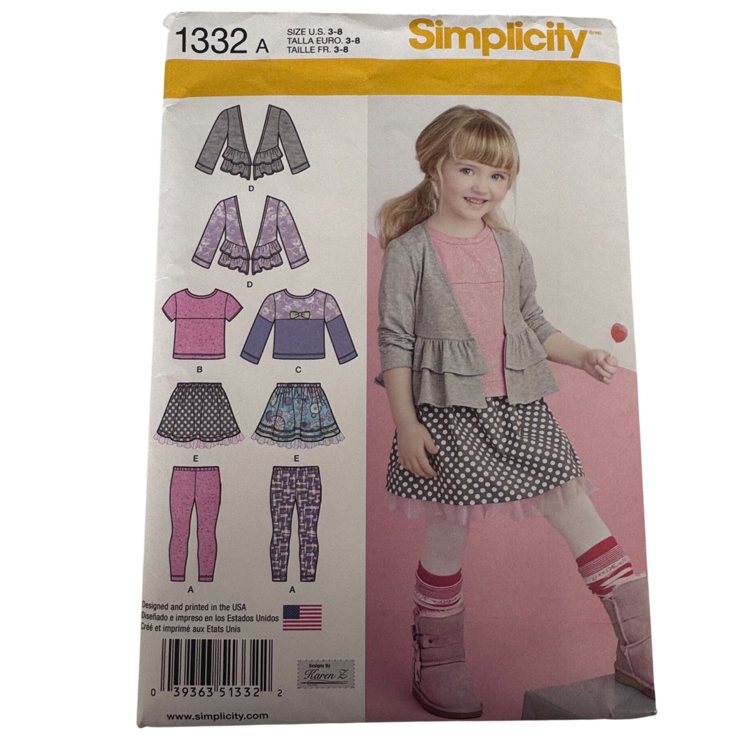 Simplicity Sewing Pattern 1332 Girls Cardigan Top Skirt Leggings 3-8 Uncut Modern Kids Wardrobe