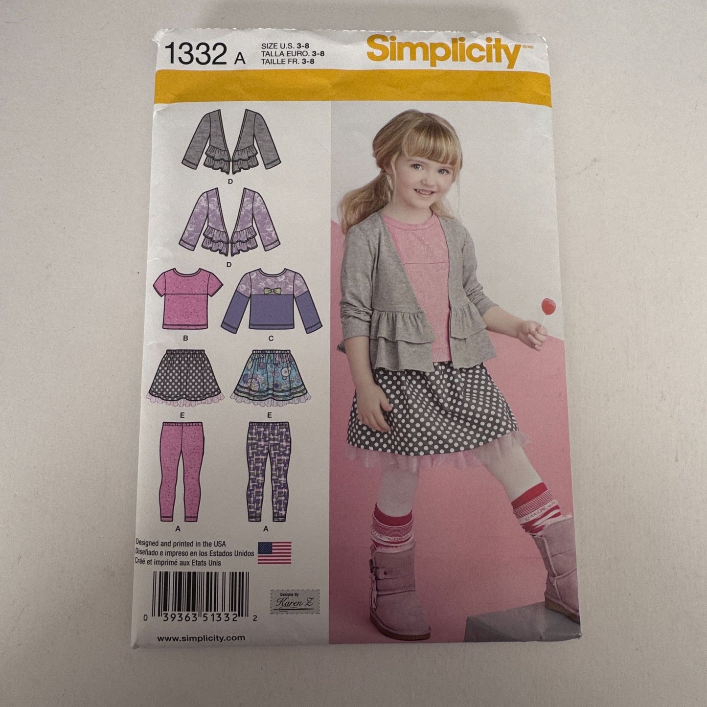 Simplicity Sewing Pattern 1332 Girls Cardigan Top Skirt Leggings 3-8 Uncut Modern Kids Wardrobe