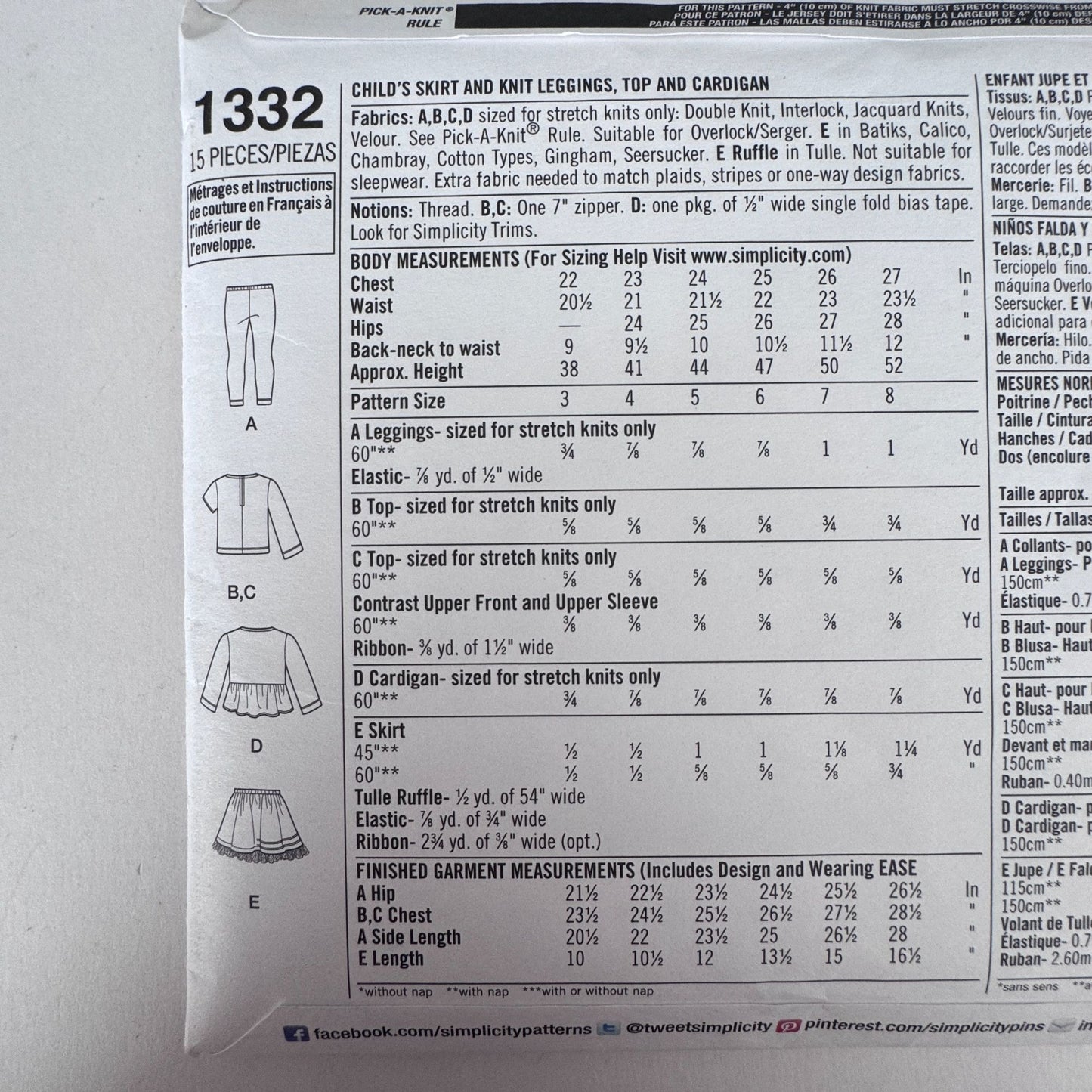 Simplicity Sewing Pattern 1332 Girls Cardigan Top Skirt Leggings 3-8 Uncut Modern Kids Wardrobe