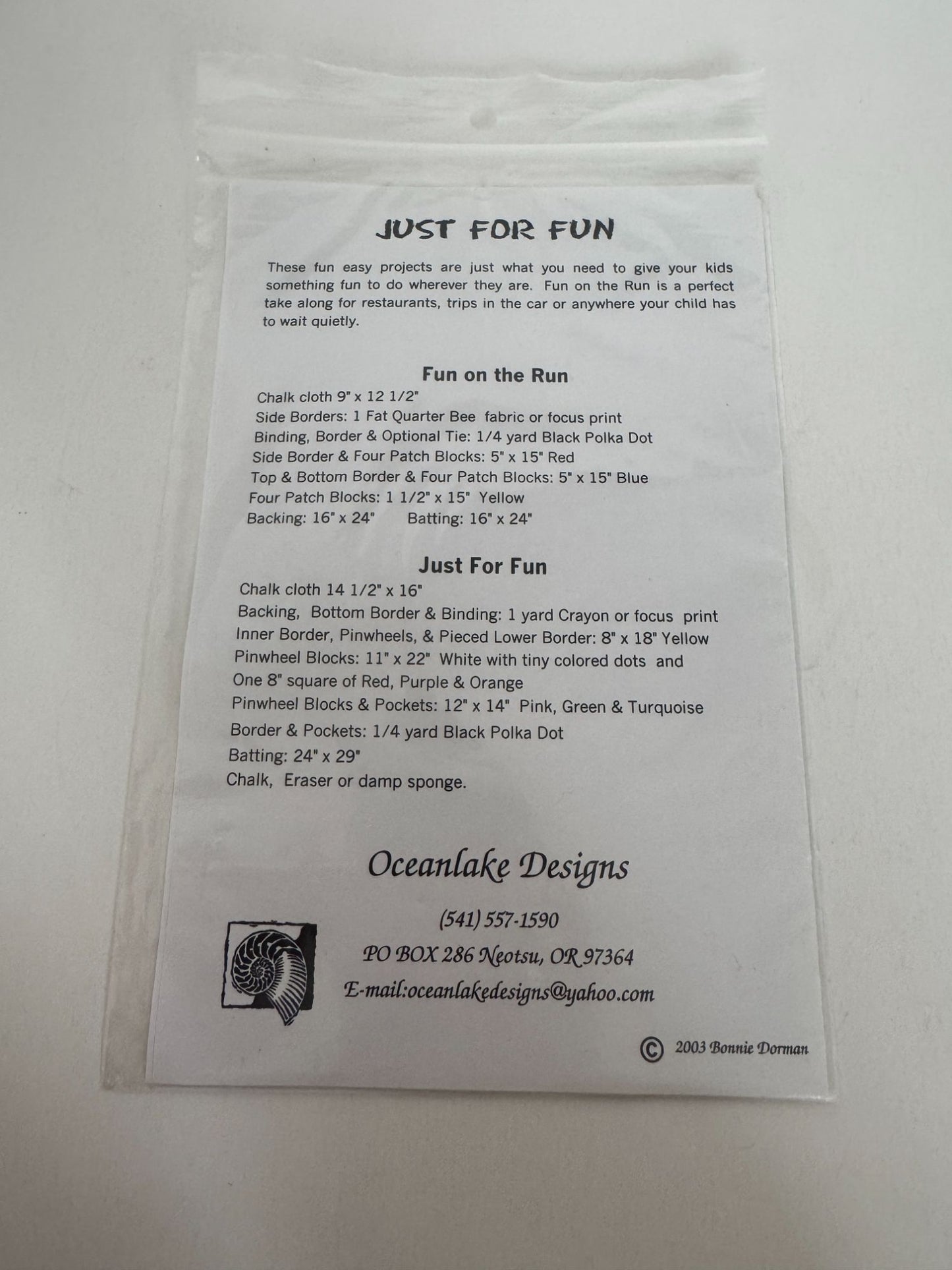 Oceanlake Designs Quilting Pattern Just For Fun Kids Chalk Cloth Projects Craft