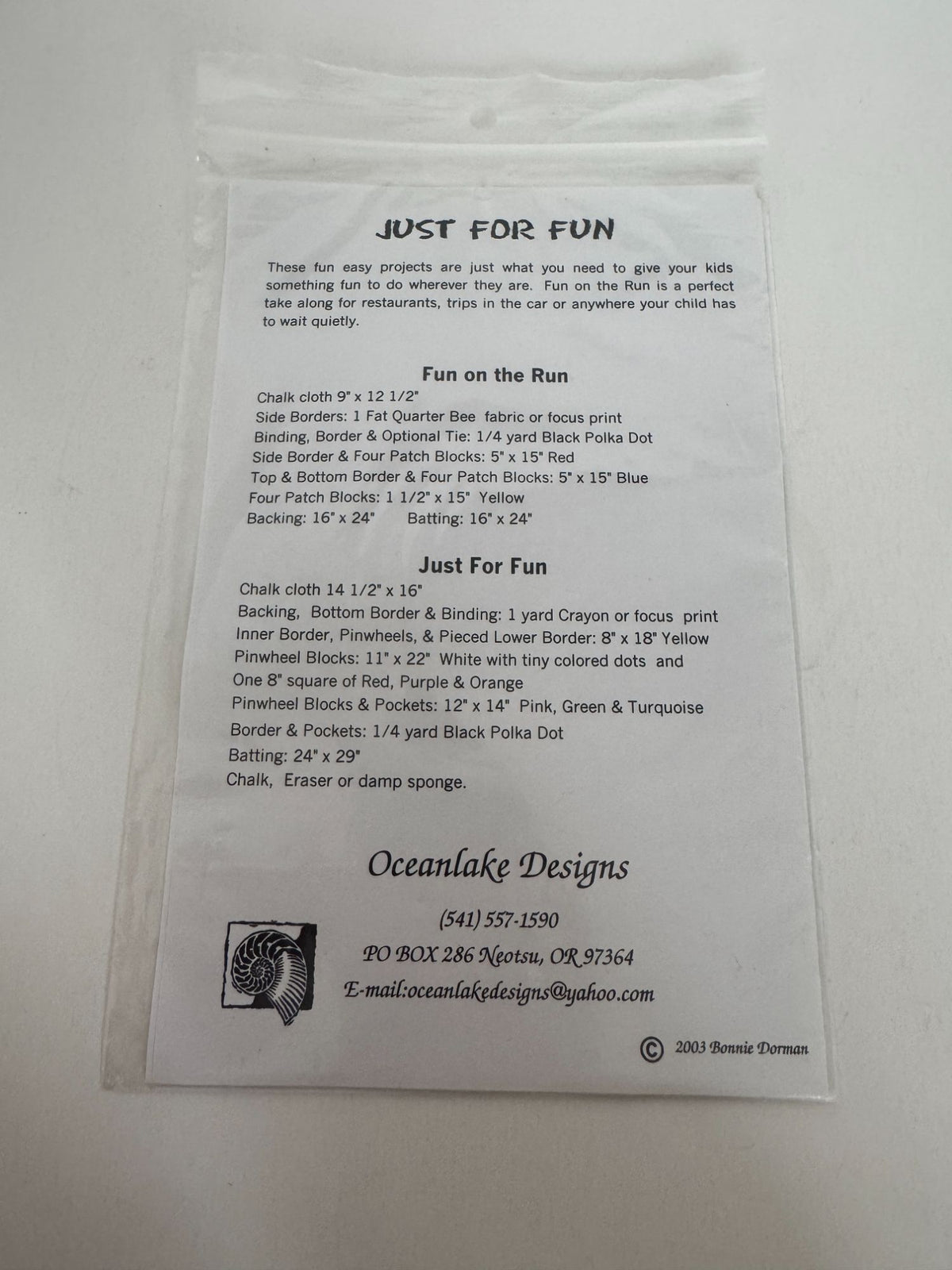Oceanlake Designs Quilting Pattern Just For Fun Kids Chalk Cloth Projects Craft