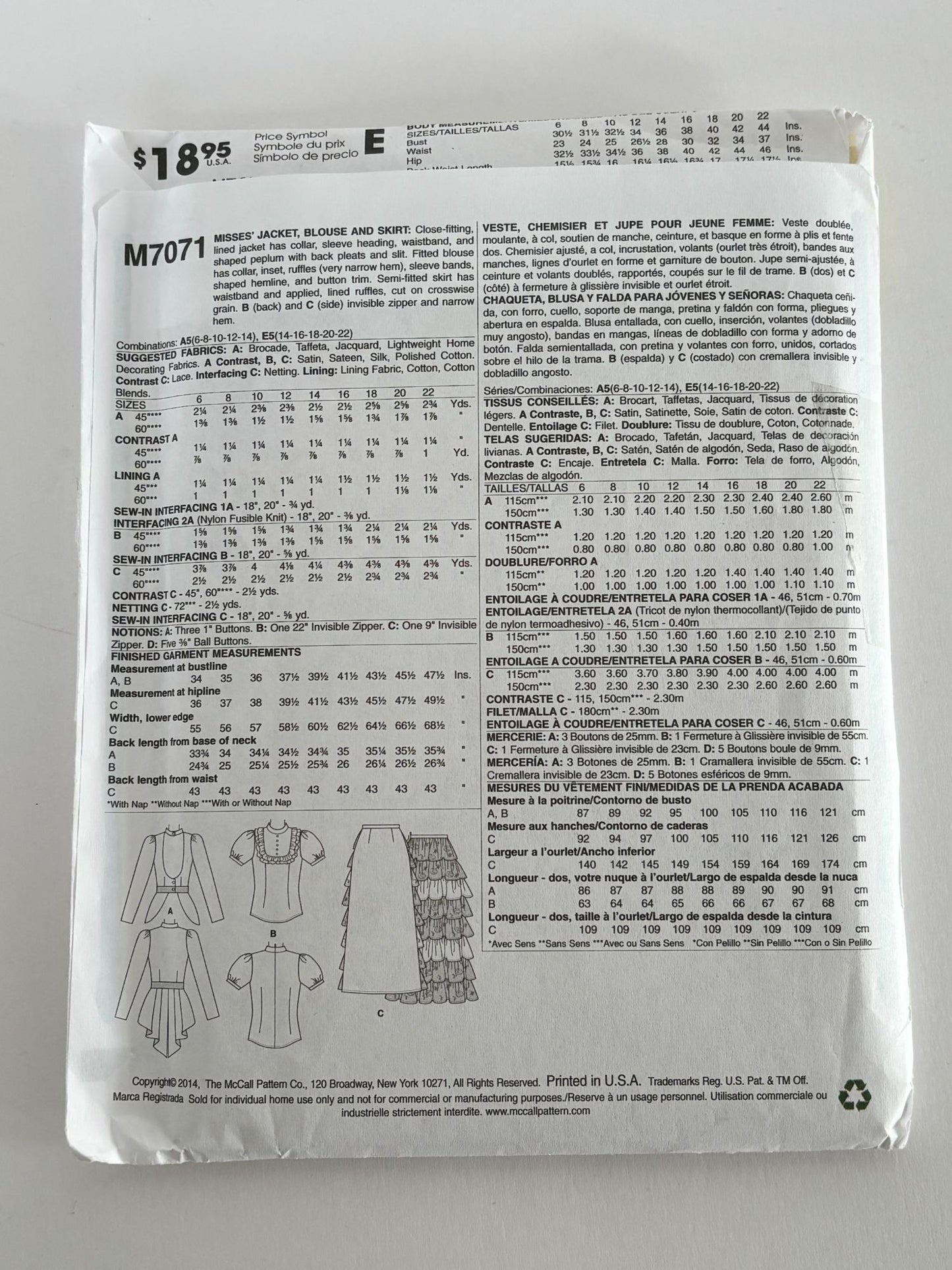 McCalls Sewing Pattern M7071 Victorian Costume Renaissance Outfit Skirt 6-14 UC