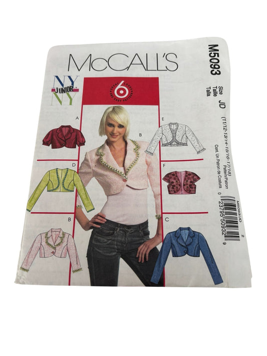 McCalls Sewing Pattern M5093 Bolero Jacket Cropped Blazer Juniors 11-18 Uncut