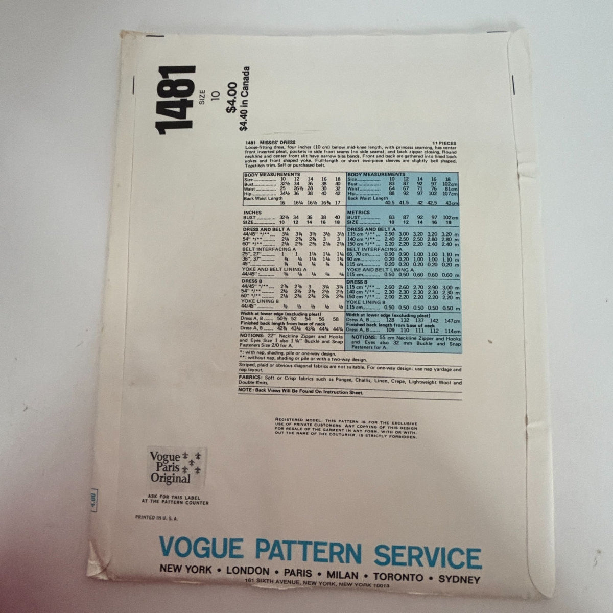 Vogue Paris Original Sewing Pattern 1481 Pierre Balmain Midi Dress 10 Vintage 1970s Uncut