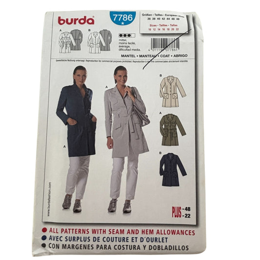 Burda Sewing Pattern 7786 Trench Coat Fall Outerwear Denim Semi-Fitted 10-22 UC