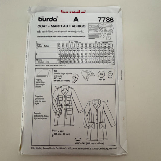 Burda Sewing Pattern 7786 Trench Coat Fall Outerwear Denim Semi-Fitted 10-22 UC