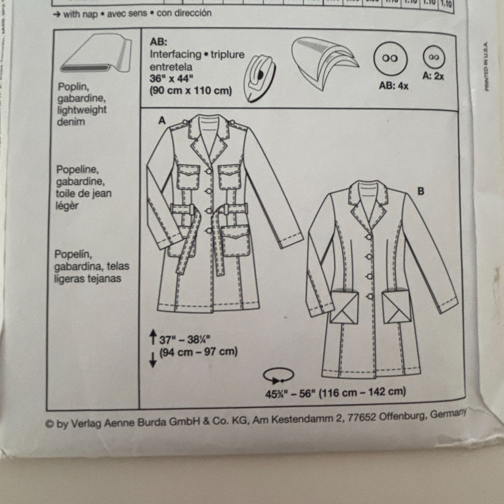 Burda Sewing Pattern 7786 Trench Coat Fall Outerwear Denim Semi-Fitted 10-22 UC