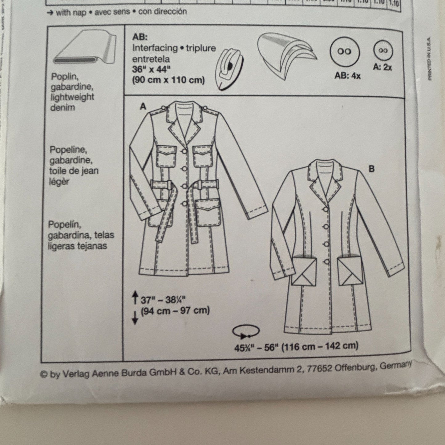 Burda Sewing Pattern 7786 Trench Coat Fall Outerwear Denim Semi-Fitted 10-22 UC