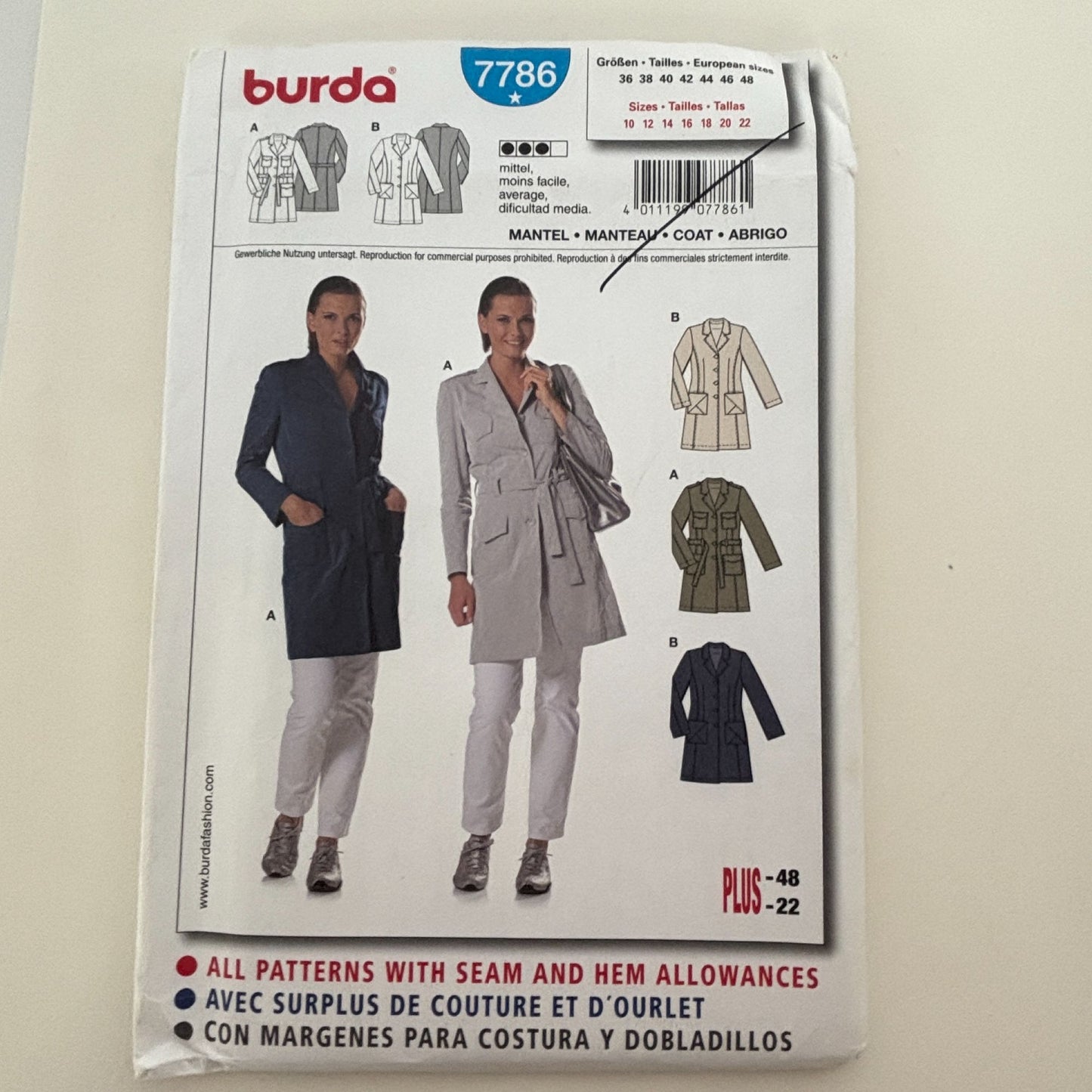 Burda Sewing Pattern 7786 Trench Coat Fall Outerwear Denim Semi-Fitted 10-22 UC