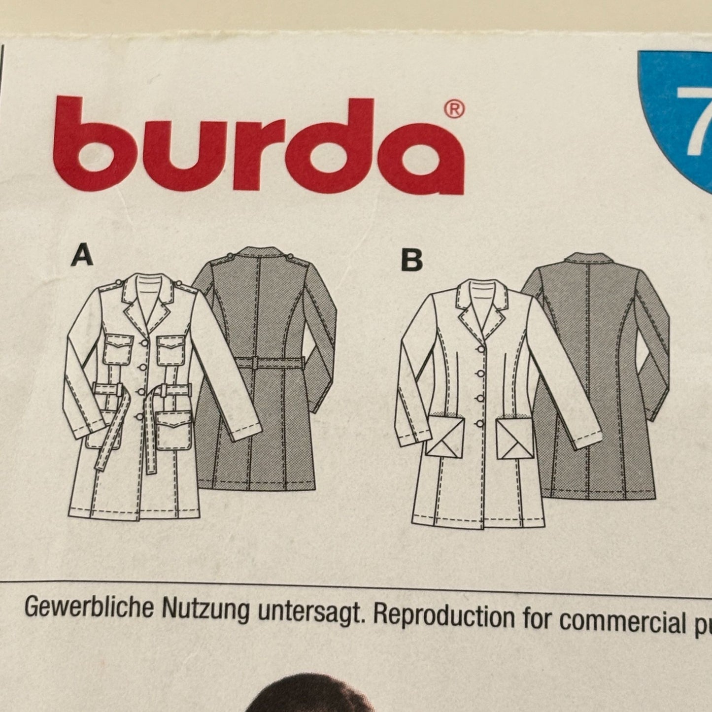 Burda Sewing Pattern 7786 Trench Coat Fall Outerwear Denim Semi-Fitted 10-22 UC