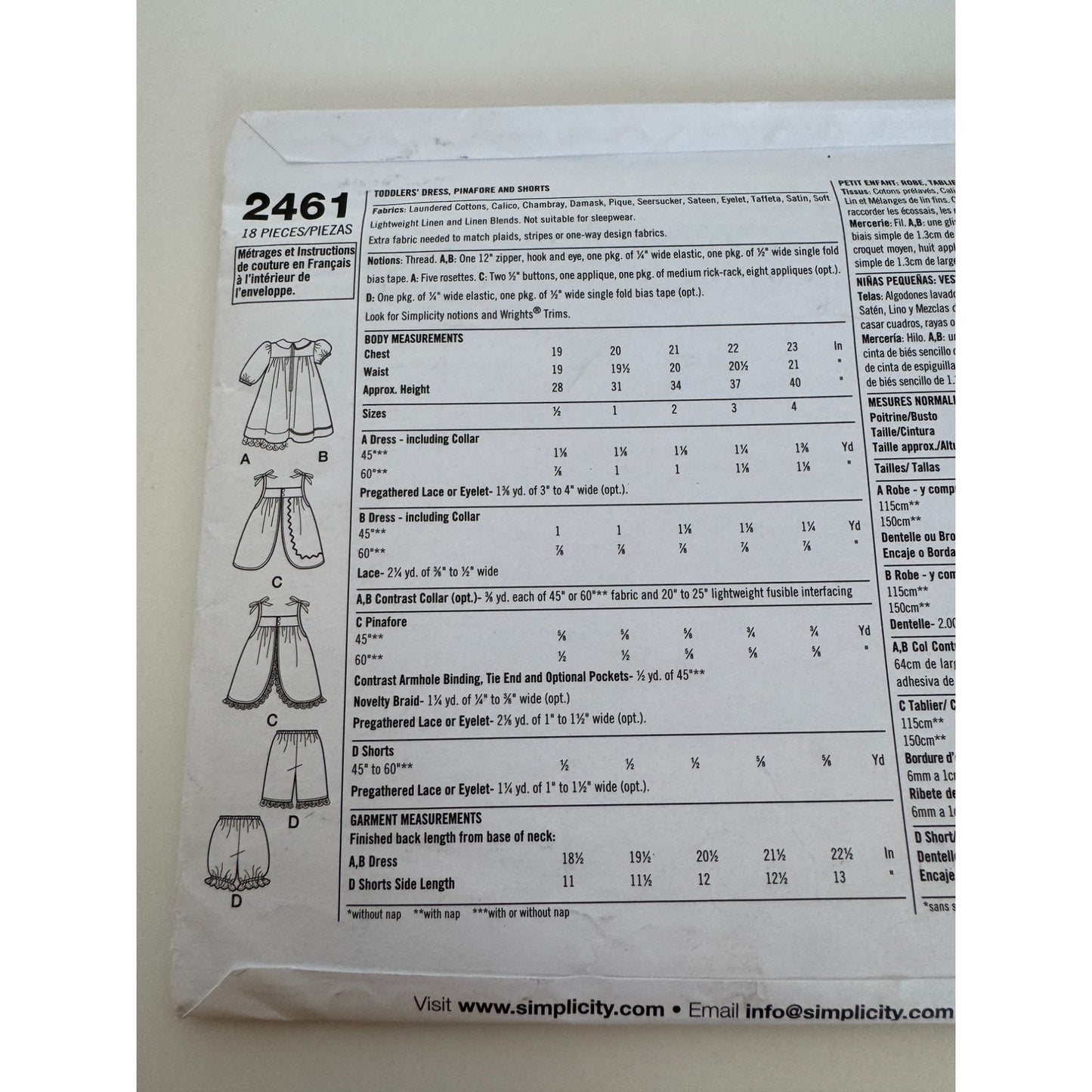 Simplicity Sewing Pattern 2461 Easy to Sew Toddler Dress Pinafore Shorts Uncut
