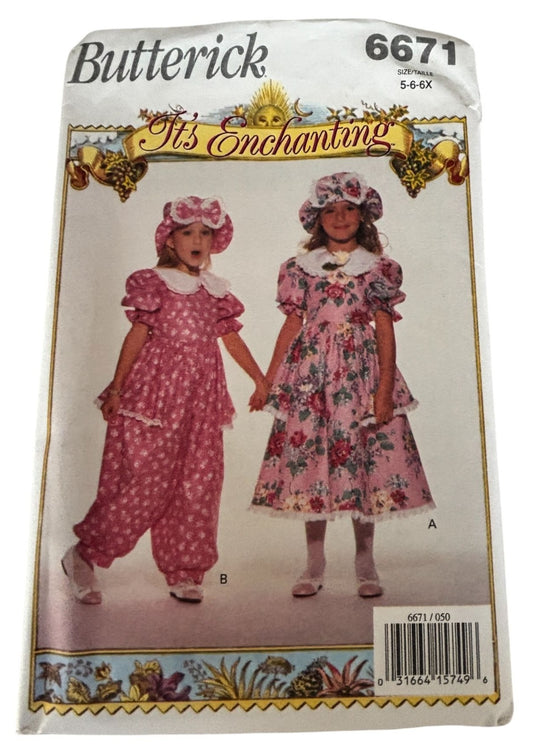 Butterick Sewing Pattern 6671 Girls Dress Romper Hat Easter Spring 90s 5 6X Uncut