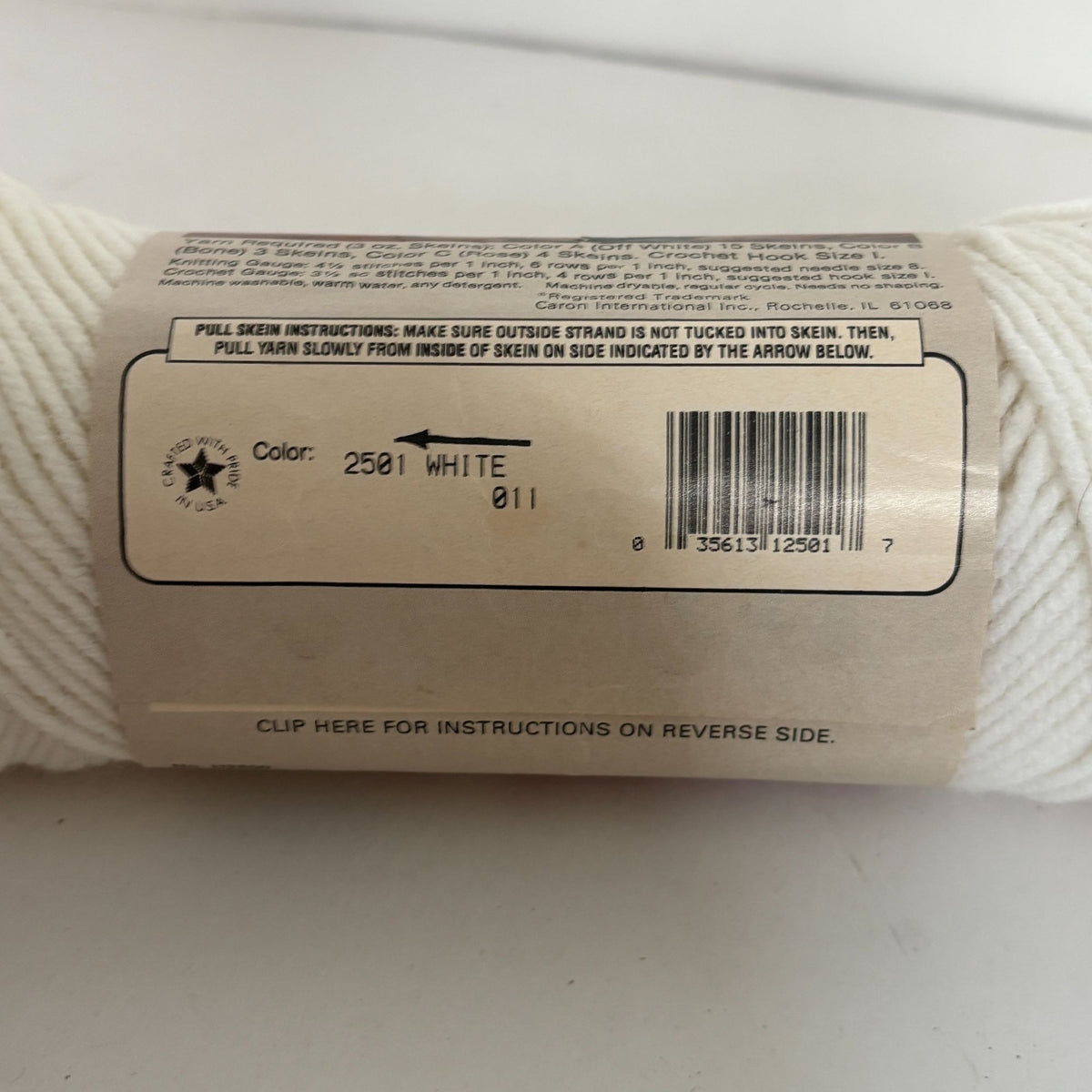 Vintage Caron Premium Acrylic Yarn White 2501 3 oz Skein Retro Knitting Crochet