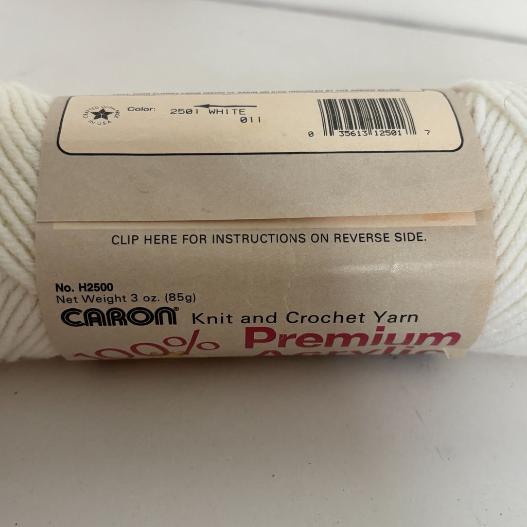 Vintage Caron Premium Acrylic Yarn White 2501 3 oz Skein Retro Knitting Crochet