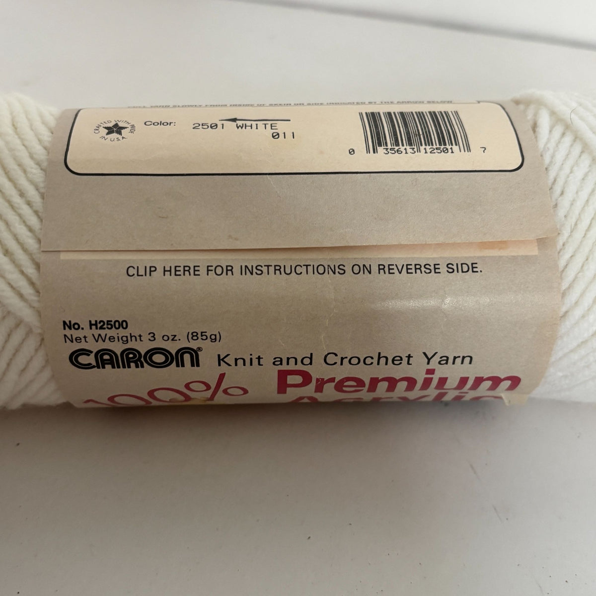 Vintage Caron Premium Acrylic Yarn White 2501 3 oz Skein Retro Knitting Crochet
