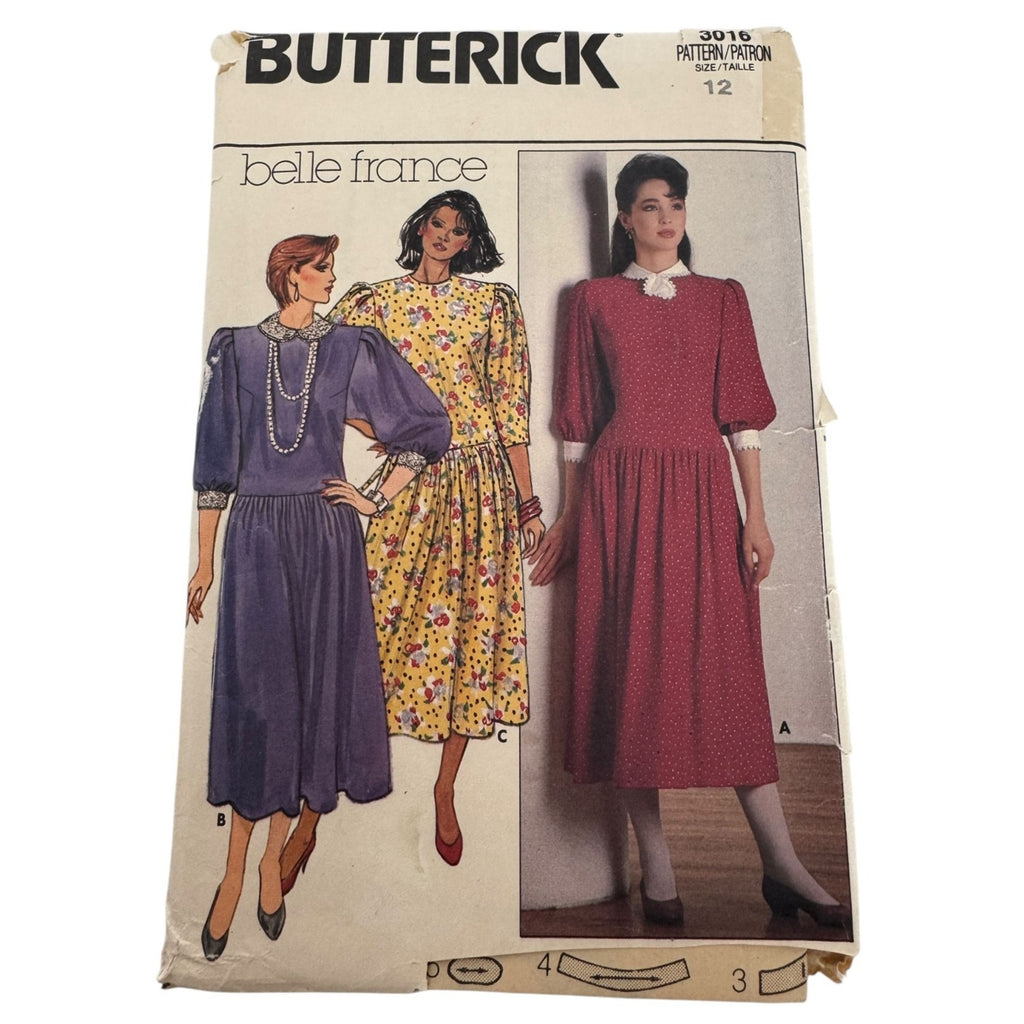 Butterick Sewing Pattern 3016 Prairie Dress Puff Sleeves Lace Trim Vtg 1980s 12