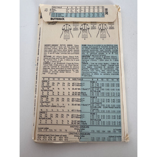 Butterick Sewing Pattern 3016 Prairie Dress Puff Sleeves Lace Trim Vtg 1980s 12