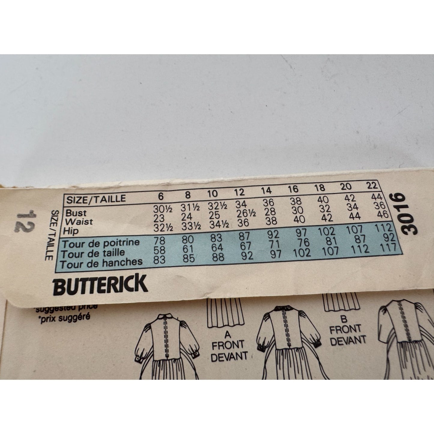 Butterick Sewing Pattern 3016 Prairie Dress Puff Sleeves Lace Trim Vtg 1980s 12