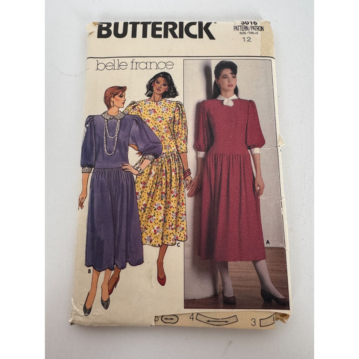 Butterick Sewing Pattern 3016 Prairie Dress Puff Sleeves Lace Trim Vtg 1980s 12