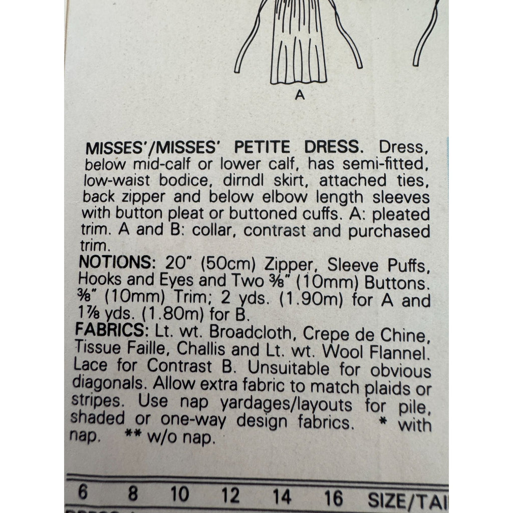 Butterick Sewing Pattern 3016 Prairie Dress Puff Sleeves Lace Trim Vtg 1980s 12