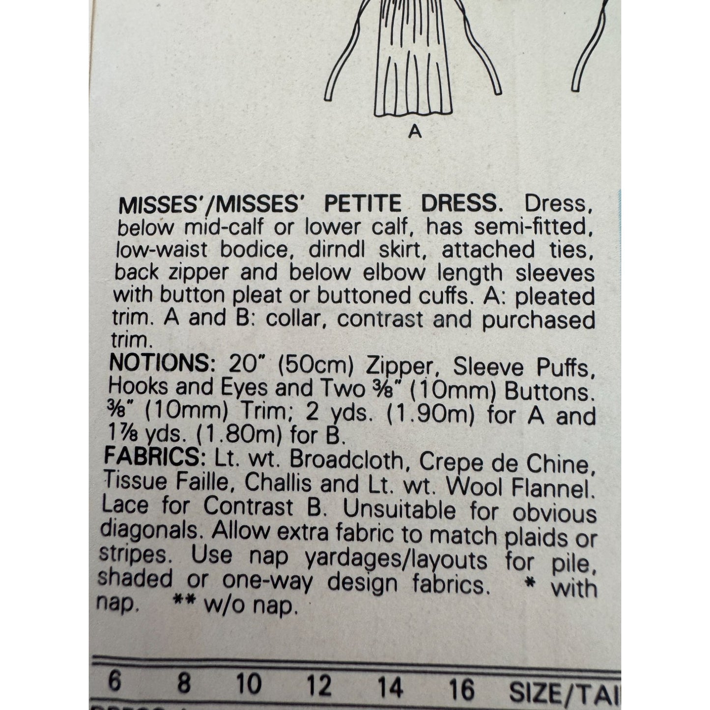 Butterick Sewing Pattern 3016 Prairie Dress Puff Sleeves Lace Trim Vtg 1980s 12