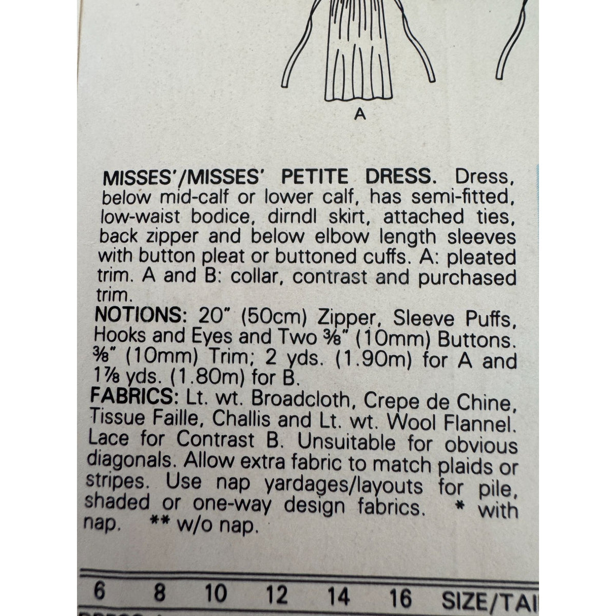 Butterick Sewing Pattern 3016 Prairie Dress Puff Sleeves Lace Trim Vtg 1980s 12