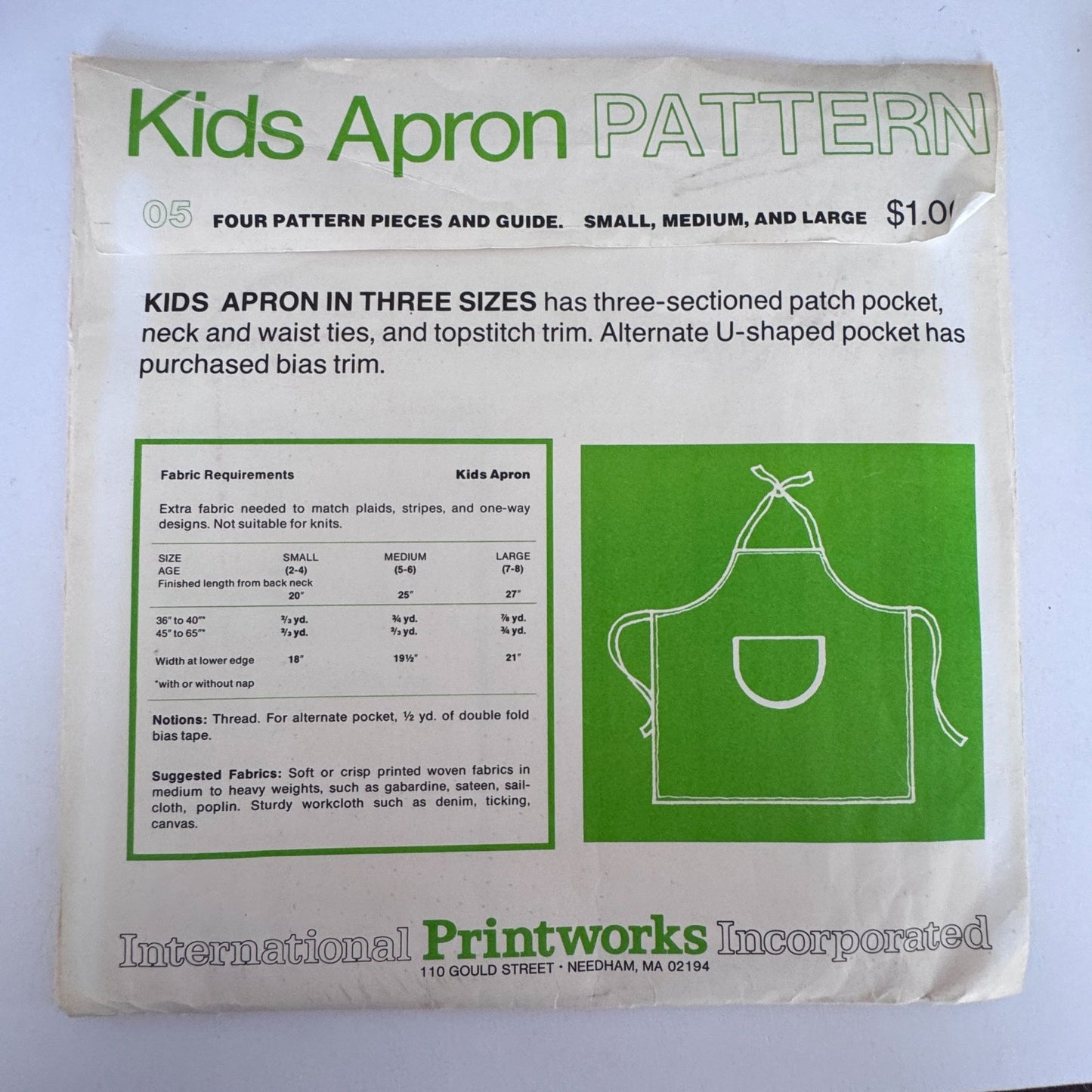 International Printworks Sewing Pattern Kids Apron 70s Artist Smock Craft 2-8 Uncut Kitchen Baking