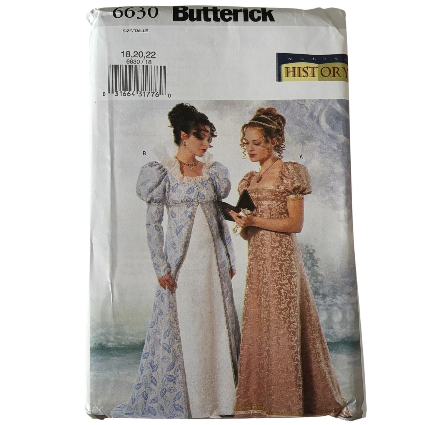 Butterick Sewing Pattern 6630 Regency Coat Dress Making History 18-22 Uncut Empire Waist Gown