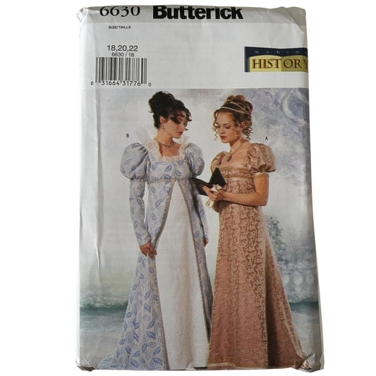 Butterick Sewing Pattern 6630 Regency Coat Dress Making History 18-22 Uncut Empire Waist Gown