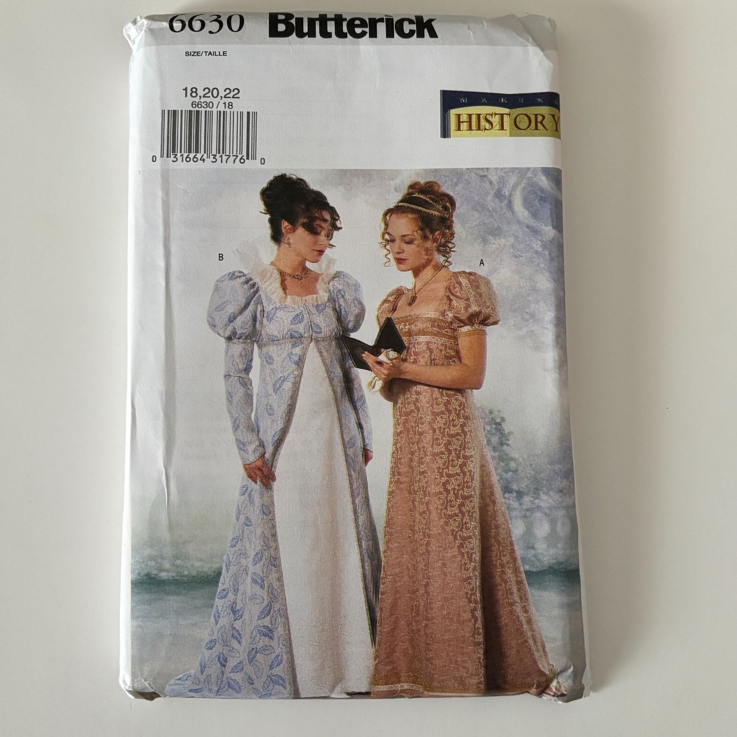 Butterick Sewing Pattern 6630 Regency Coat Dress Making History 18-22 Uncut Empire Waist Gown