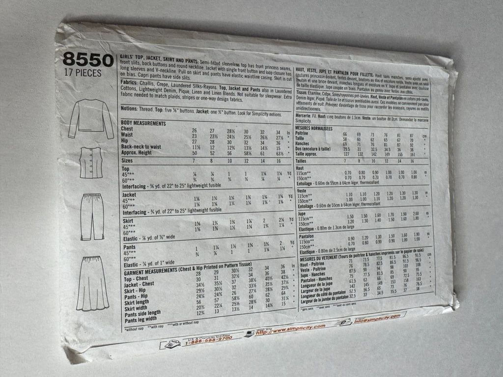 Simplicity Sewing Pattern 8550 Girls Jacket Top Skirt Pants Sizes 7 8 10 Easy UC