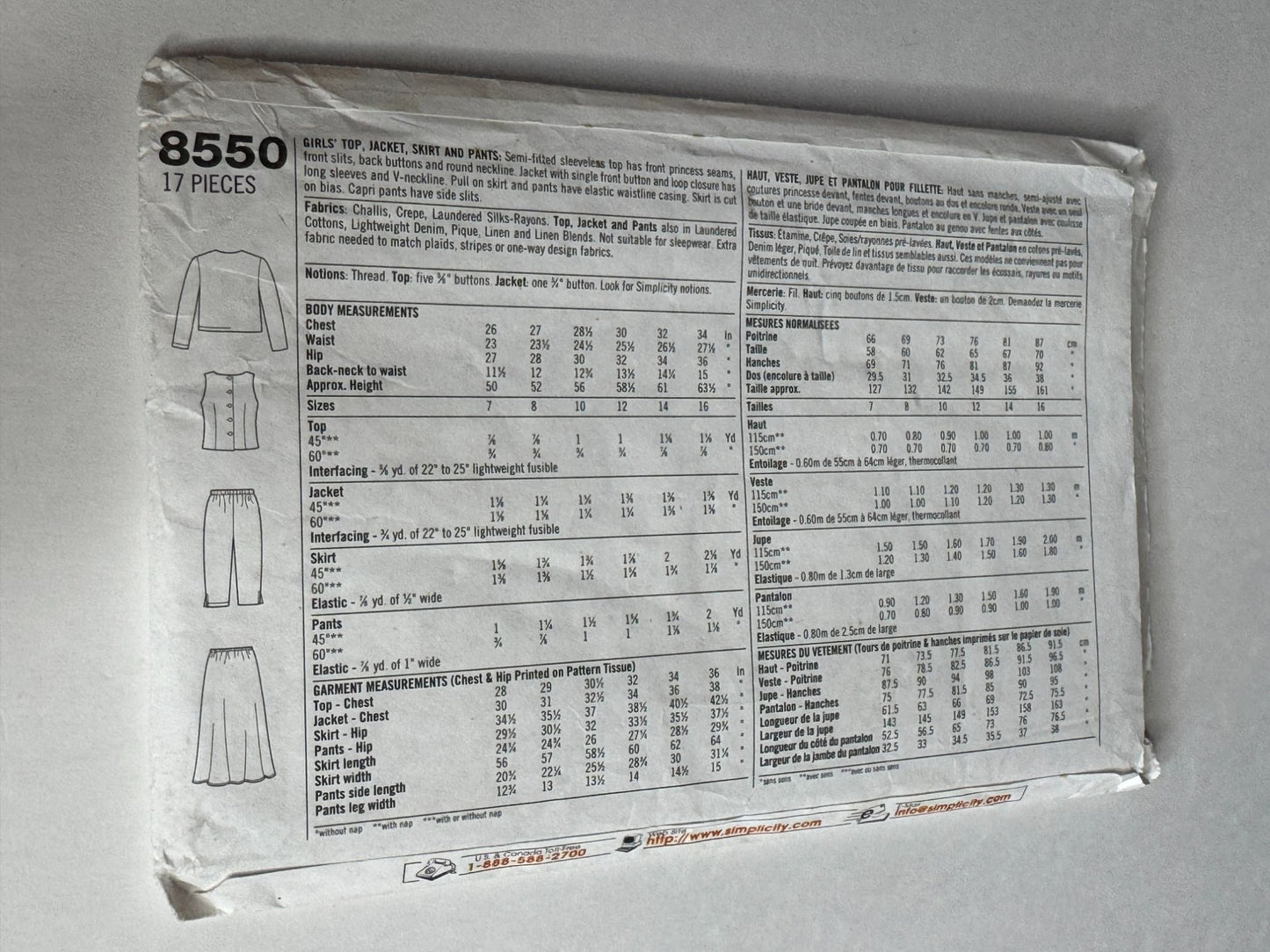 Simplicity Sewing Pattern 8550 Girls Jacket Top Skirt Pants Sizes 7 8 10 Easy UC