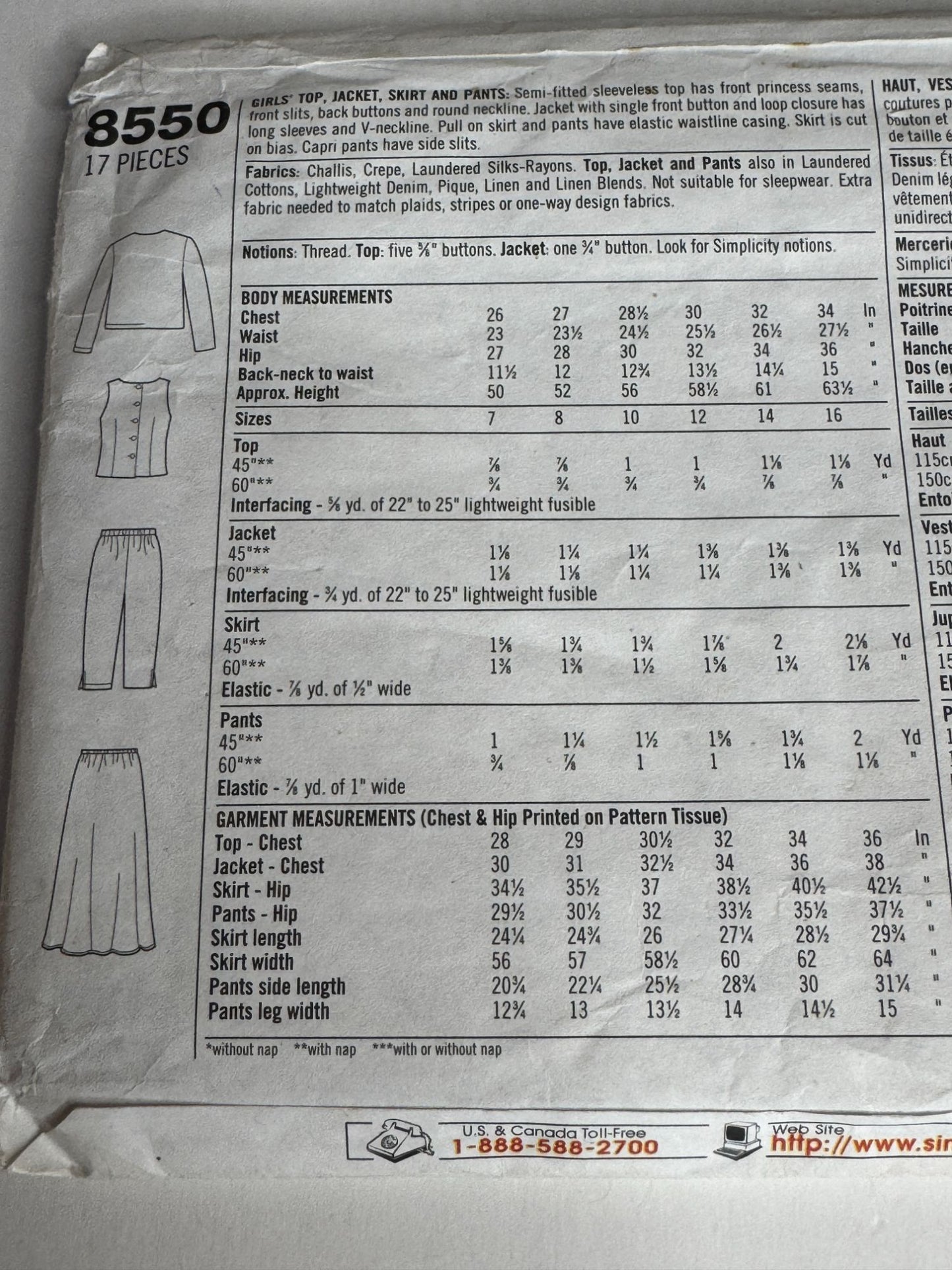 Simplicity Sewing Pattern 8550 Girls Jacket Top Skirt Pants Sizes 7 8 10 Easy UC