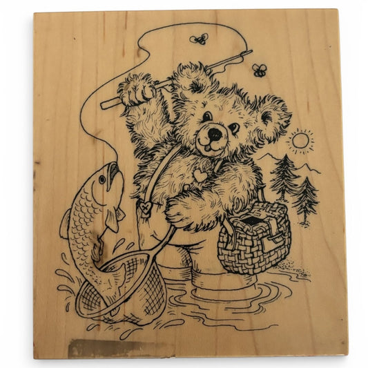 PSX Rubber Stamp Fuzzy Bear Fishing Teddy Fisherman Fathers Day Cardmaking Craft