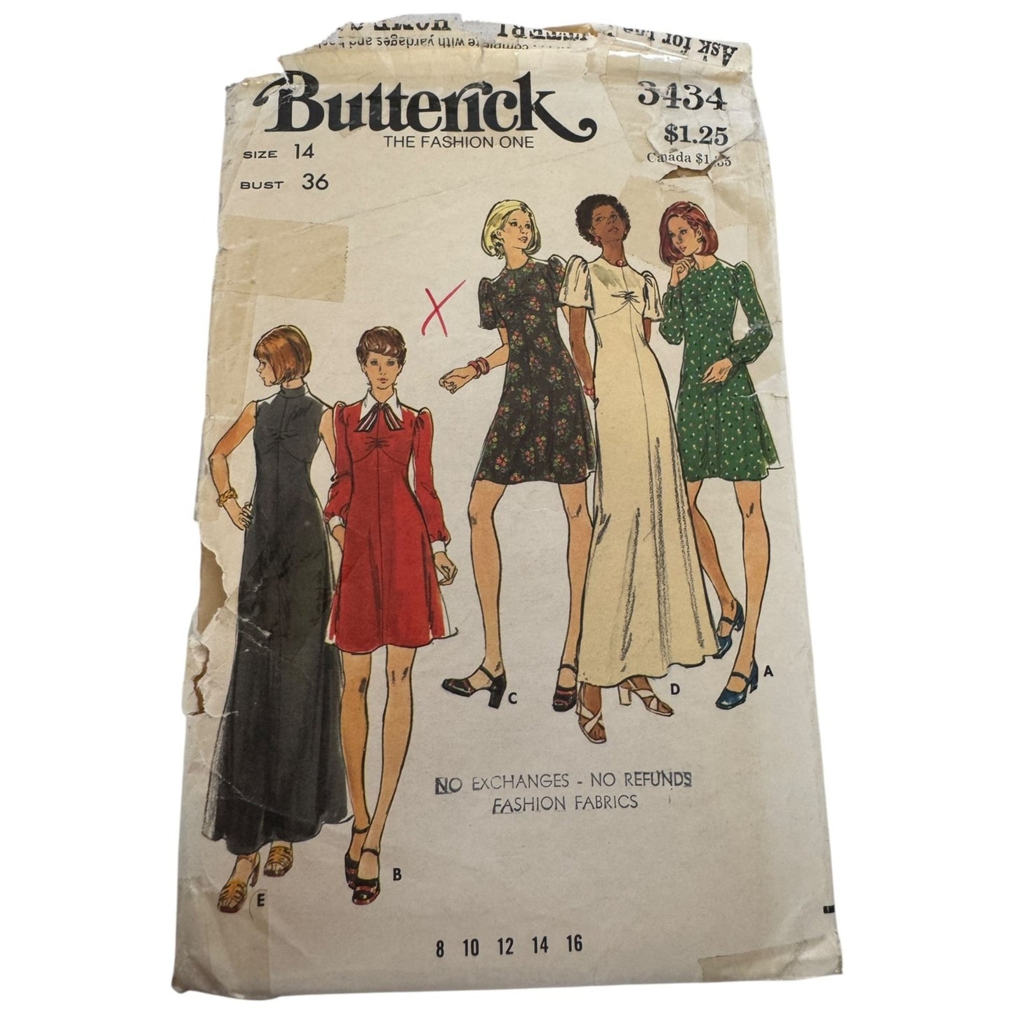 Butterick Sewing Pattern 3434 Slightly Flared Dress Size 14 Bust 36 Uncut 1970s