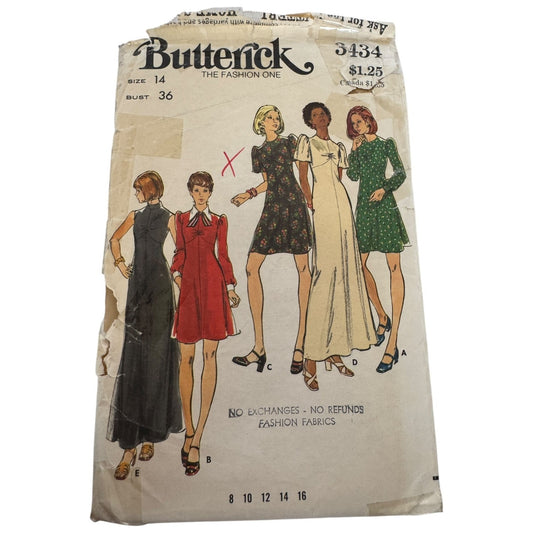 Butterick Sewing Pattern 3434 Slightly Flared Dress Size 14 Bust 36 Uncut 1970s