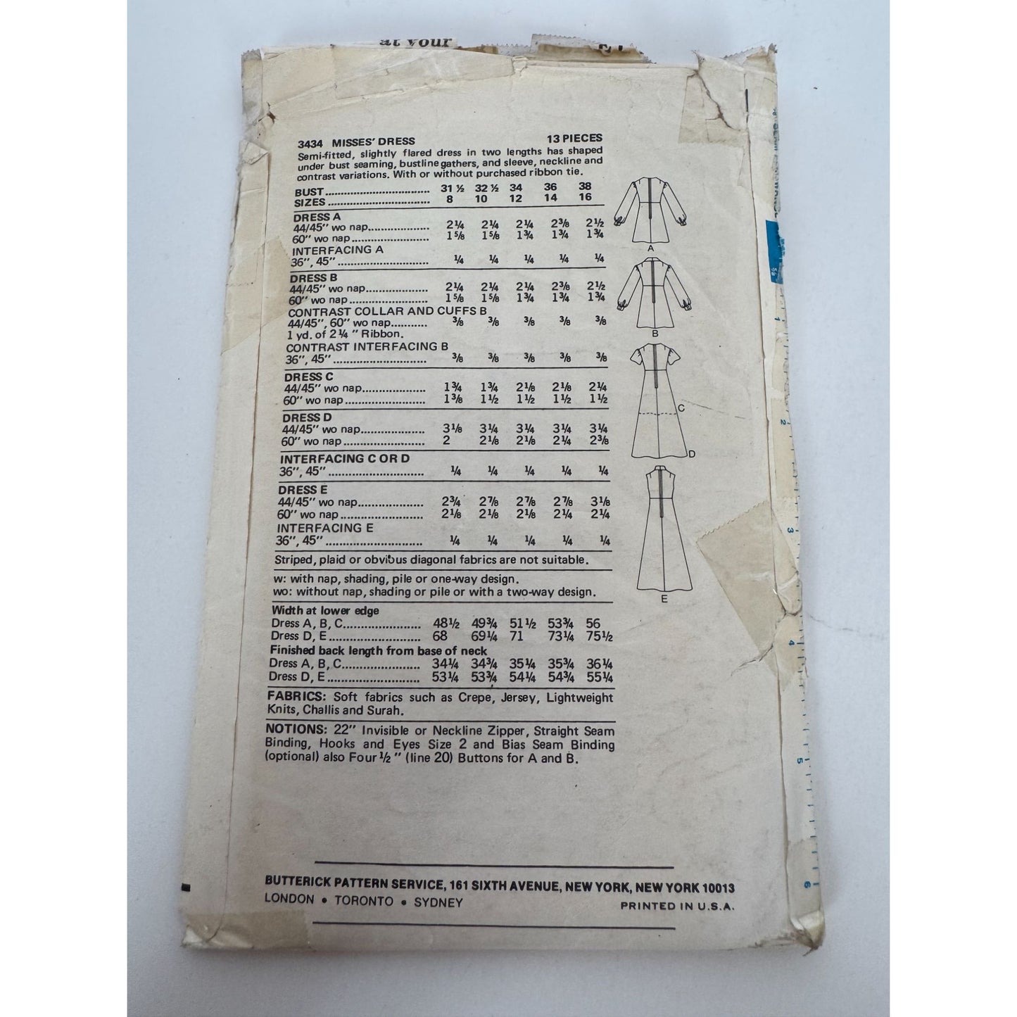 Butterick Sewing Pattern 3434 Slightly Flared Dress Size 14 Bust 36 Uncut 1970s