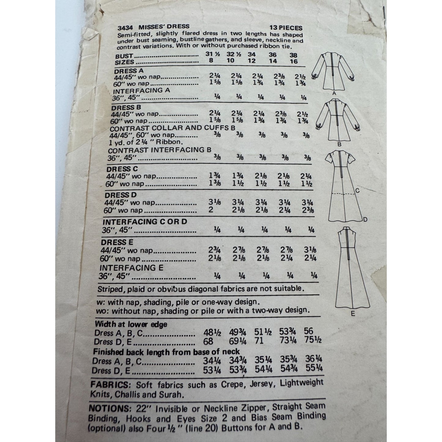 Butterick Sewing Pattern 3434 Slightly Flared Dress Size 14 Bust 36 Uncut 1970s