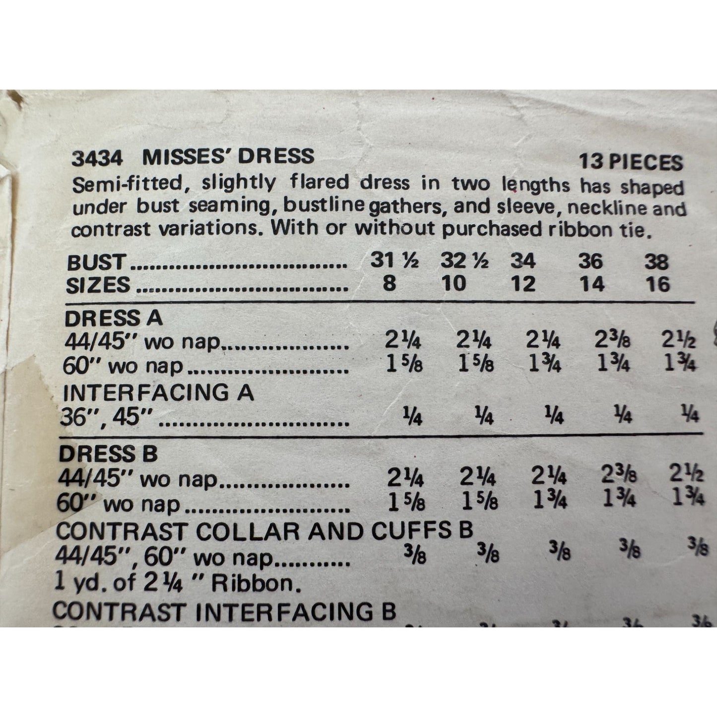 Butterick Sewing Pattern 3434 Slightly Flared Dress Size 14 Bust 36 Uncut 1970s