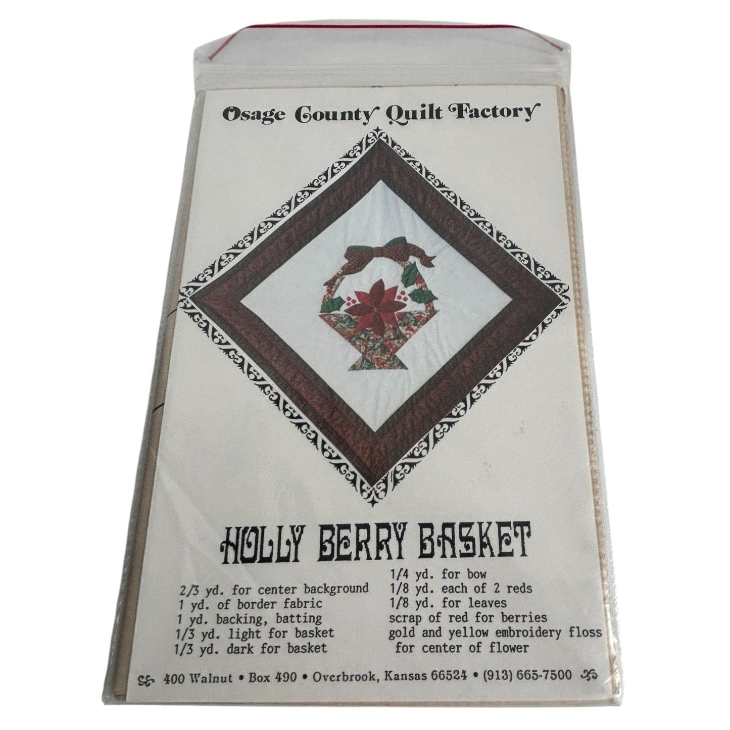 Osage County Quilt Factory Pattern Holly Berry Basket Holiday Christmas Applique
