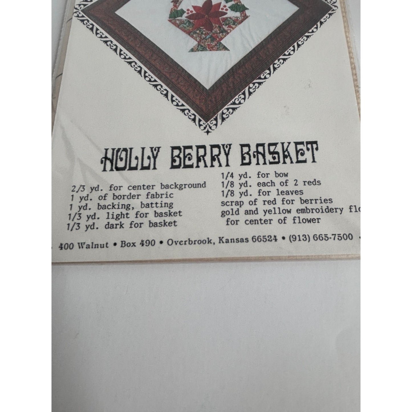 Osage County Quilt Factory Pattern Holly Berry Basket Holiday Christmas Applique