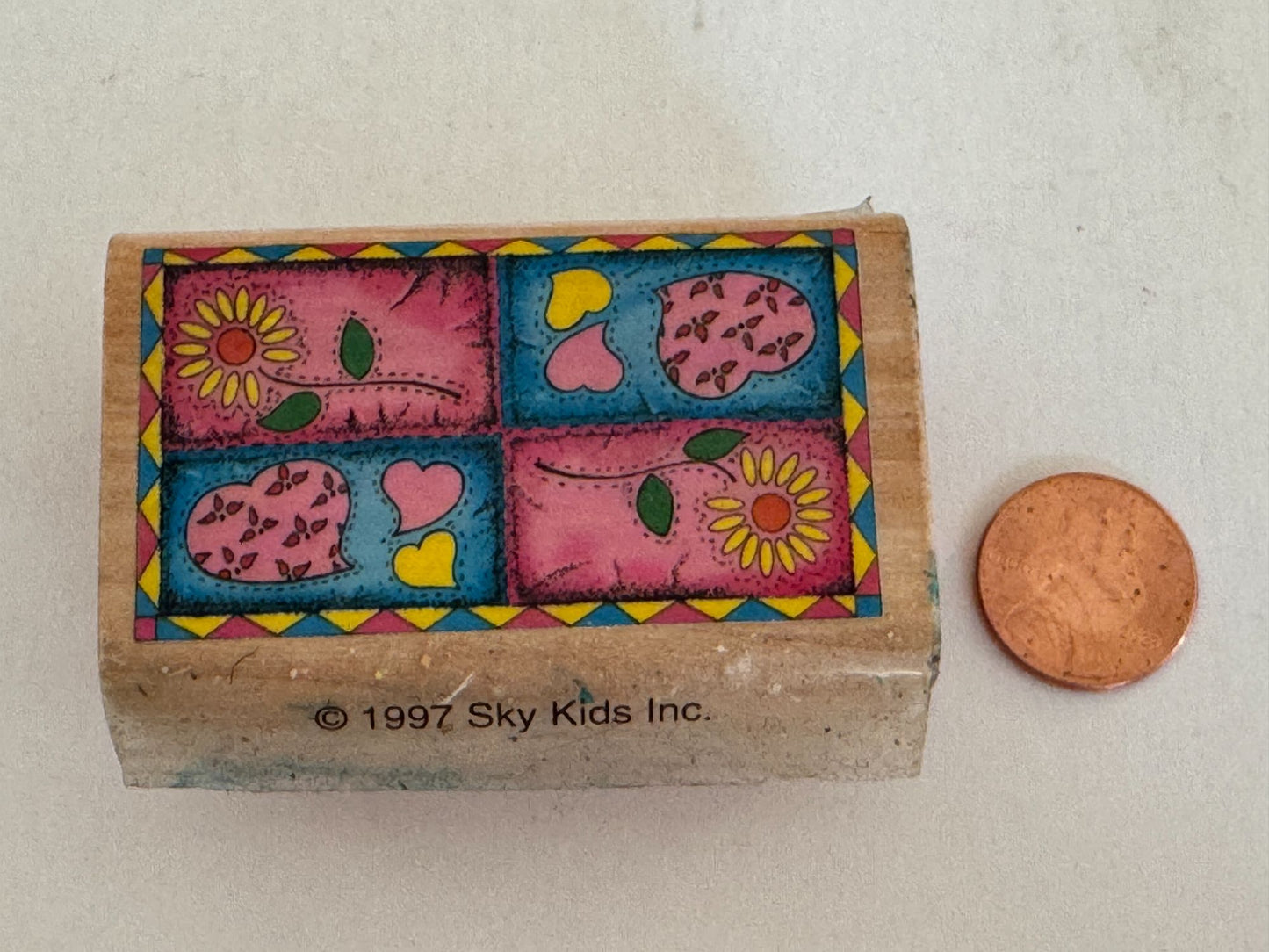 Sky Kids Rubber Stamp Hearts Sunflower Patchwork Design Card Making Rectangle
