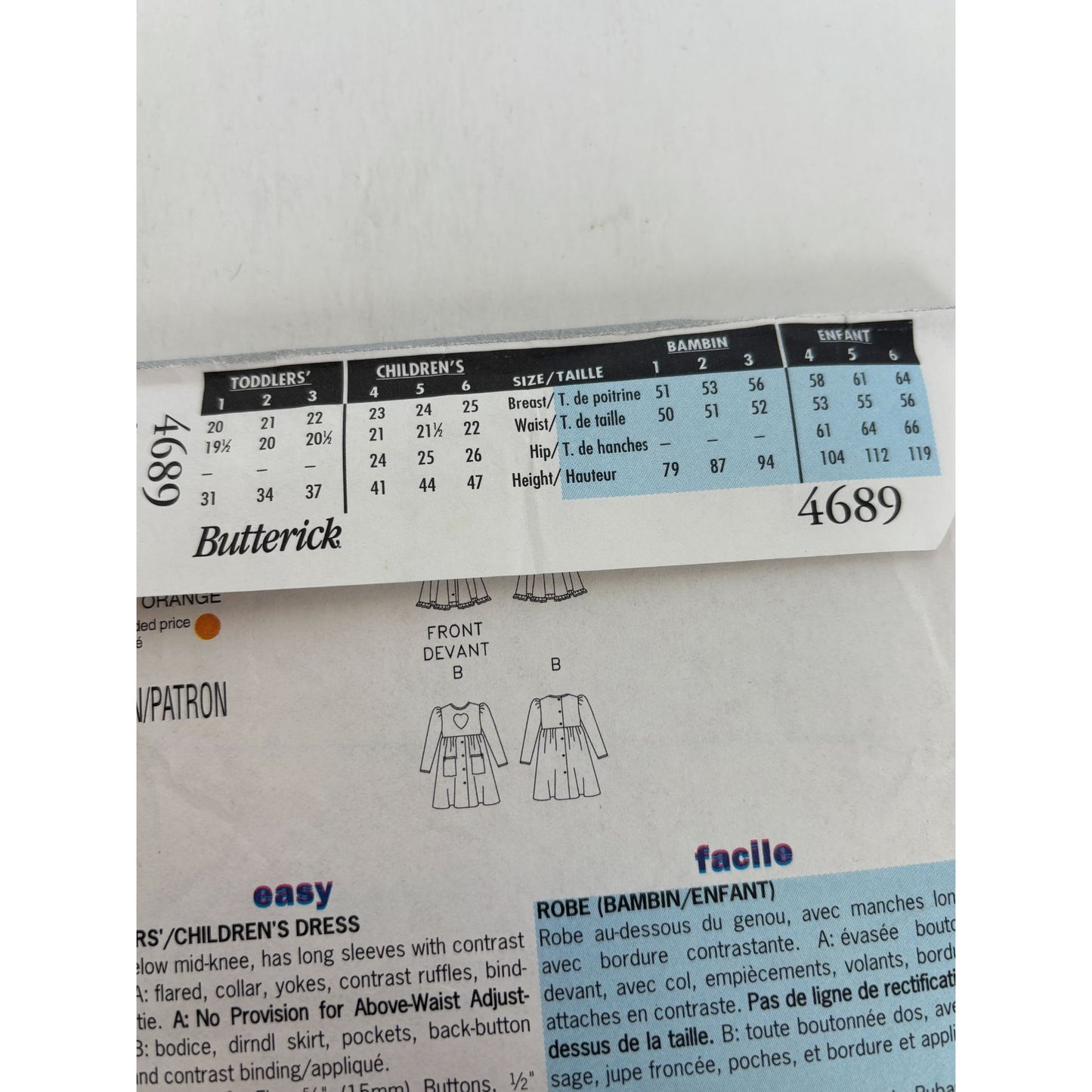 Butterick Sewing Pattern 4689 Dress Toddler 1 2 3 Mid-Knee Length Fall Easy UC