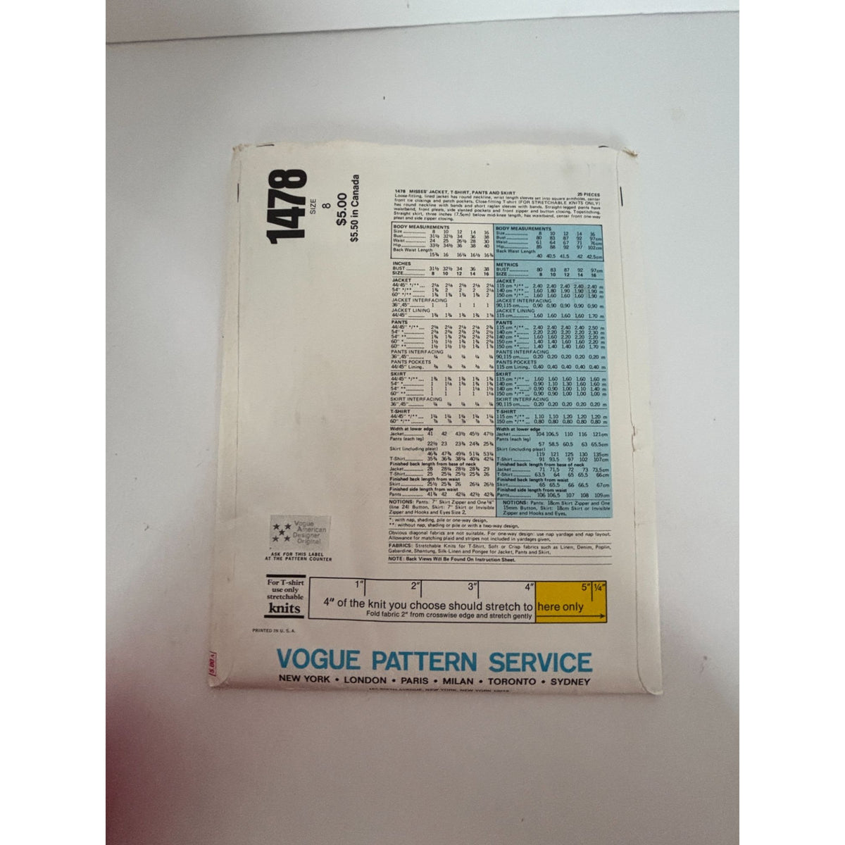 Vogue American Designer Sewing Pattern 1478 Anne Klein 1970s Jacket Pants Skirt 8 Uncut