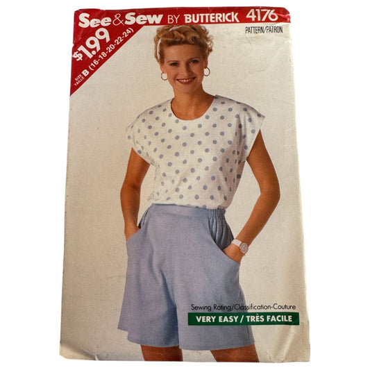Vintage 80s Top and Shorts Sewing Pattern Butterick 4176 Uncut See & Sew Casual Set Size 16-24
