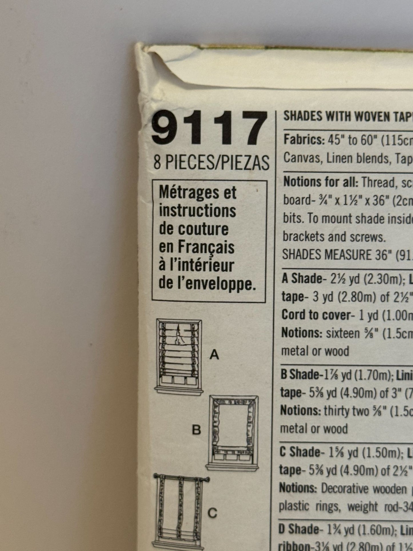 Simplicity Sewing Pattern 9117 Home Decor Window Shades With Woven Tape Uncut