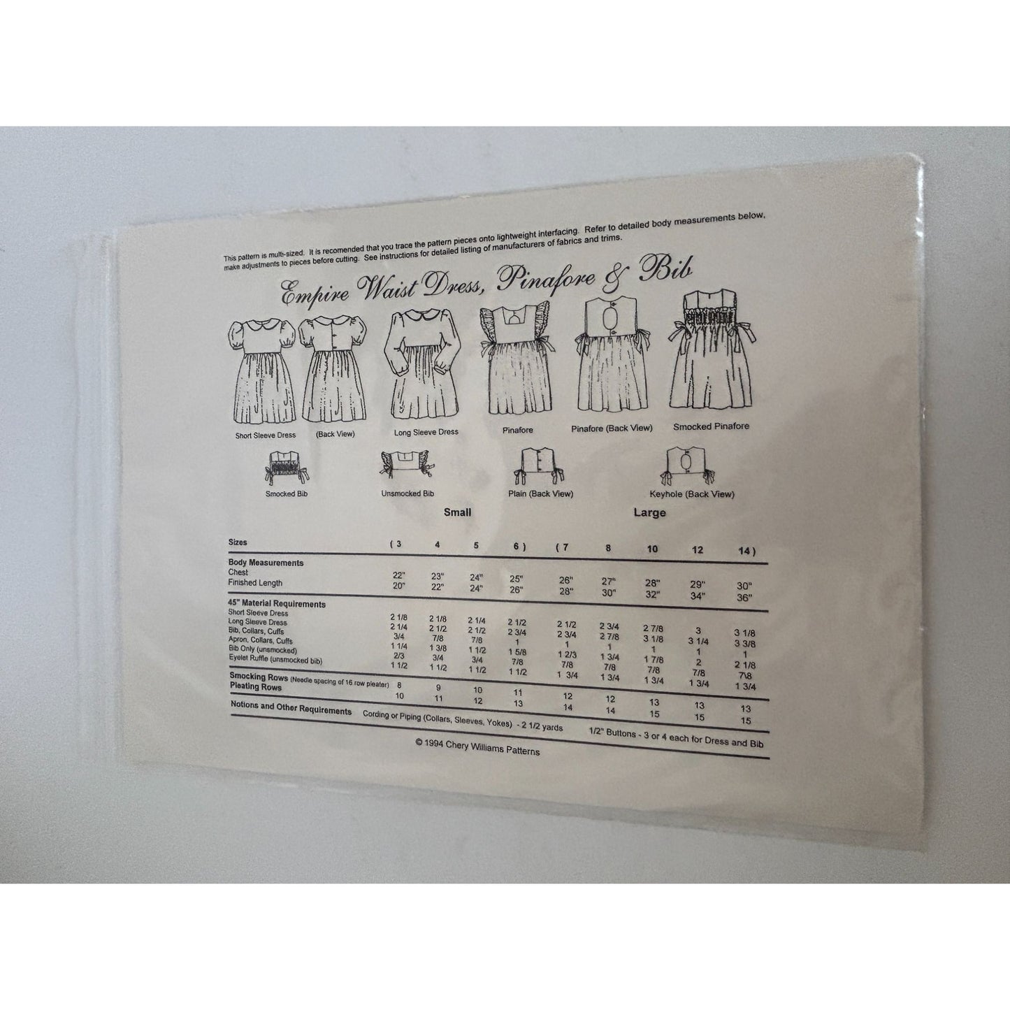 Chery Williams Heirloom Sewing Pattern Empire Waist Dress Pinafore Smocking Bib