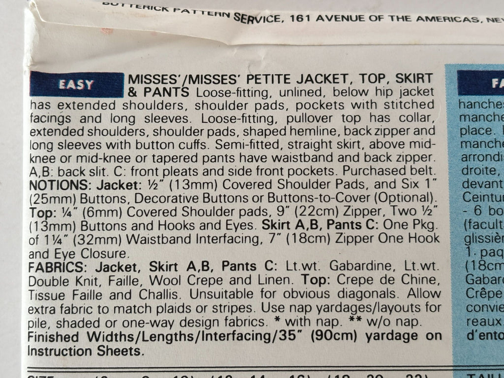 Butterick Sewing Pattern 6413: Misses' Jacket (Blazer), Top, Skirt and Pants