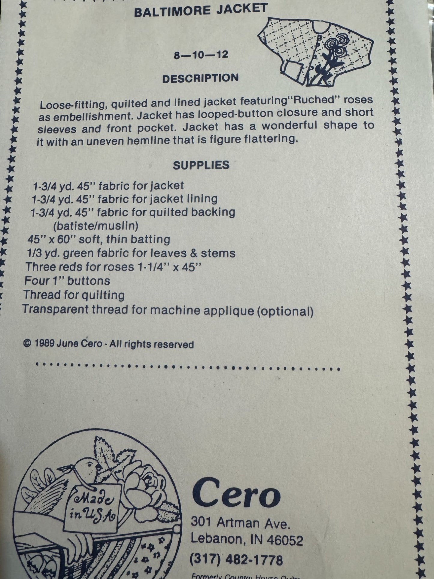 Cero Quilting Pattern Baltimore Jacket Quilted Ruched Roses Vintage 1980s Sewing
